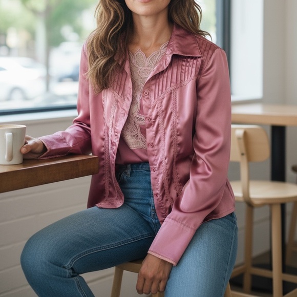 Button front ROSE PINK satin shirt M NEW - Picture 3 of 7